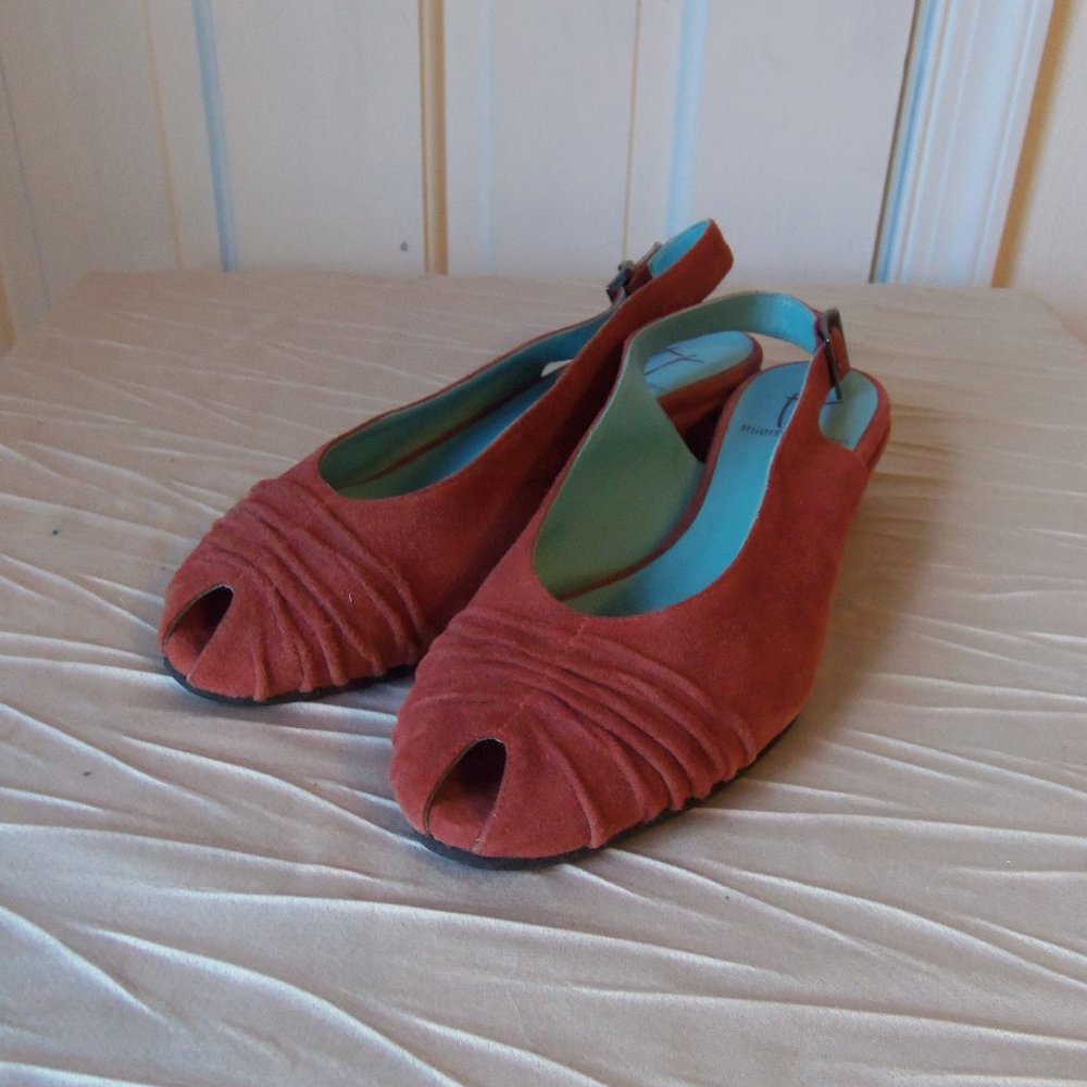 Thierry Rabotin Coral Red Suede Peep Toe Slingbacks sz 38